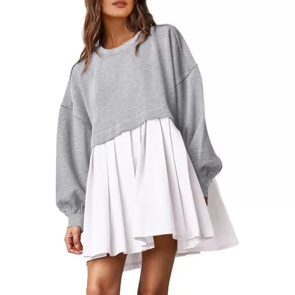 imagePRETTYGARDEN Womens Casual Sweatshirt Dress Long Sleeve Patchwork Pullover Tops Pleated Mini DressesGrey