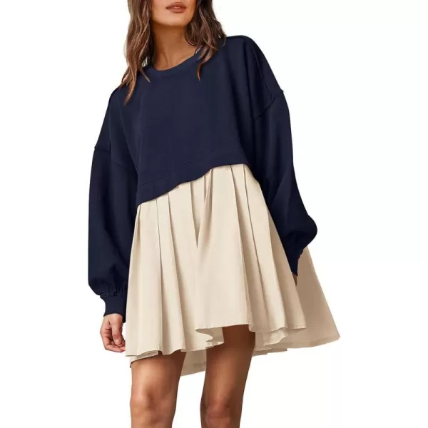 imagePRETTYGARDEN Womens Casual Sweatshirt Dress Long Sleeve Patchwork Pullover Tops Pleated Mini DressesNavy
