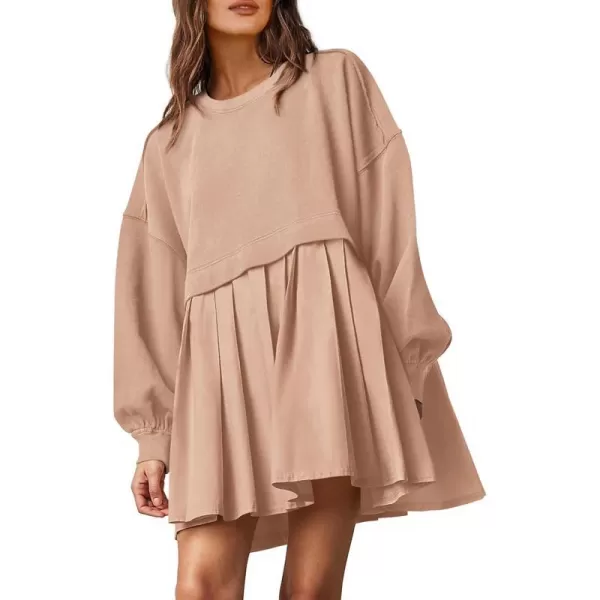imagePRETTYGARDEN Womens Casual Sweatshirt Dress Long Sleeve Patchwork Pullover Tops Pleated Mini DressesNude Pink