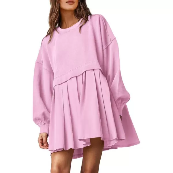 imagePRETTYGARDEN Womens Casual Sweatshirt Dress Long Sleeve Patchwork Pullover Tops Pleated Mini DressesPink