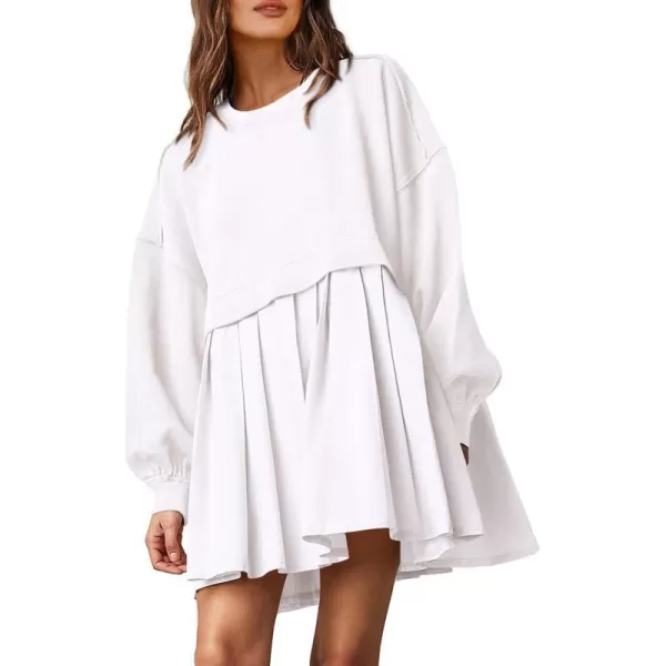 imagePRETTYGARDEN Womens Casual Sweatshirt Dress Long Sleeve Patchwork Pullover Tops Pleated Mini DressesWhite