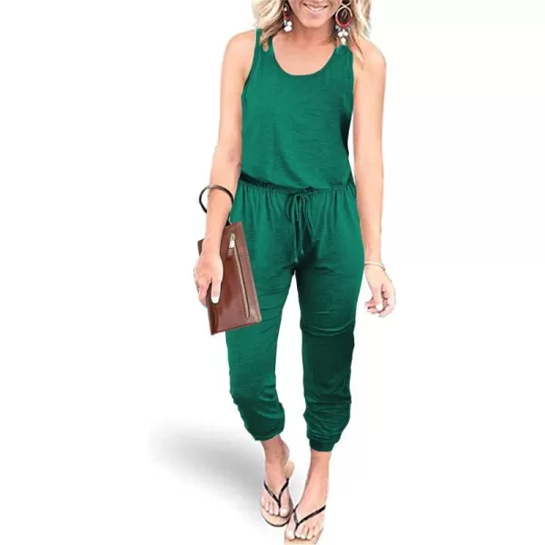 imagePRETTYGARDEN Womens Casual Tank Jumpsuits Sleeveless Drawstring Elastic Waist Loose Summer RomperGreen