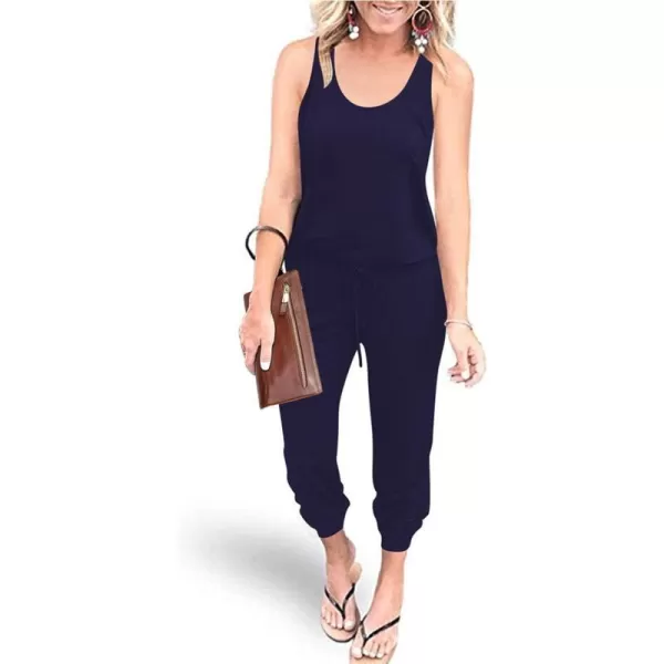 imagePRETTYGARDEN Womens Casual Tank Jumpsuits Sleeveless Drawstring Elastic Waist Loose Summer RomperNavy