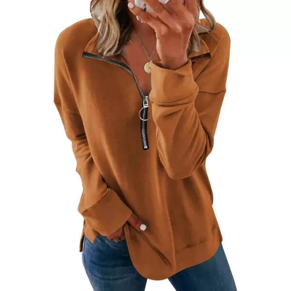 imagePRETTYGARDEN Womens Causal 14 Zip Pullover Long Sleeve Collar Sweatshirts Solid Activewear Running JacketBrown