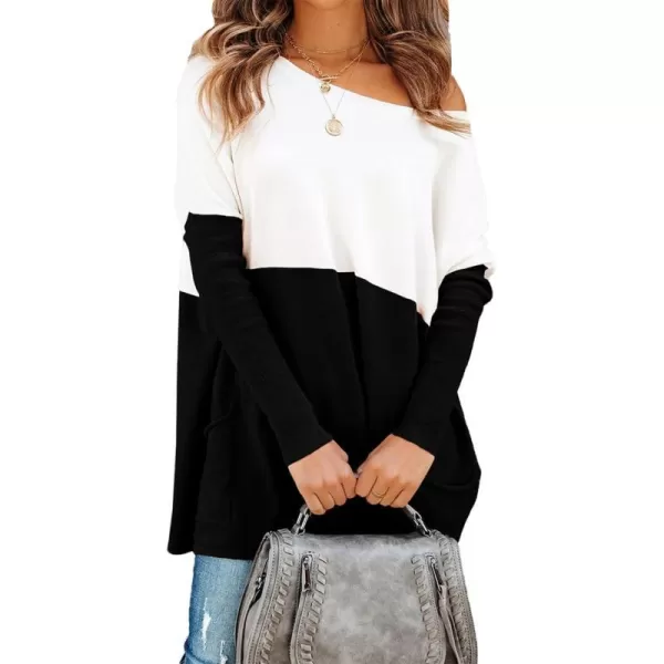 imagePRETTYGARDEN Womens Causal Loose Sweater Color Block Knit Pullover Off Shoulder Comfy Jumper TopsBlack