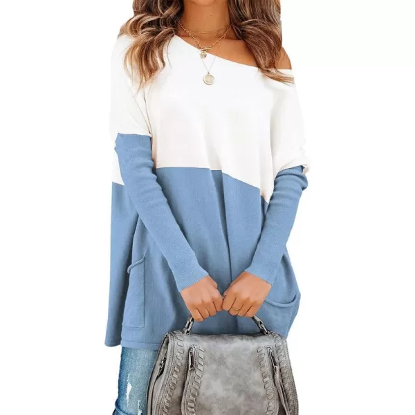 imagePRETTYGARDEN Womens Causal Loose Sweater Color Block Knit Pullover Off Shoulder Comfy Jumper TopsBlue