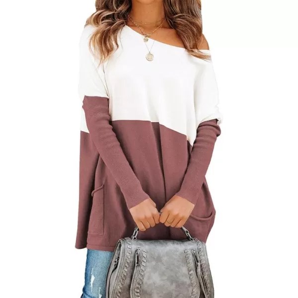 imagePRETTYGARDEN Womens Causal Loose Sweater Color Block Knit Pullover Off Shoulder Comfy Jumper TopsDusty Pink