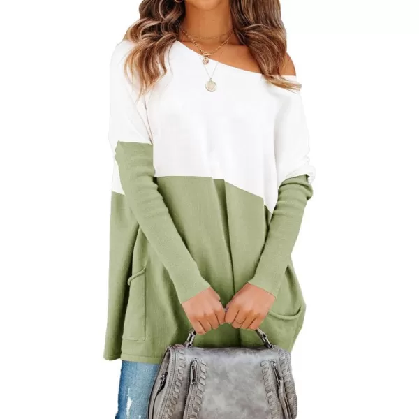 imagePRETTYGARDEN Womens Causal Loose Sweater Color Block Knit Pullover Off Shoulder Comfy Jumper TopsGreen