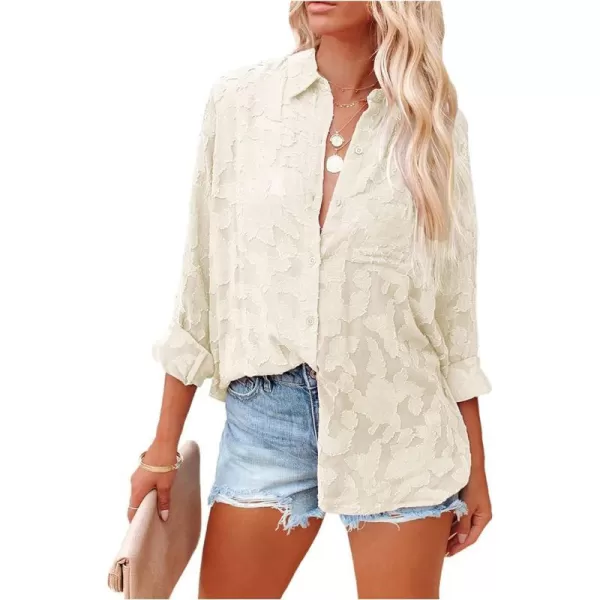 imagePRETTYGARDEN Womens Chiffon Blouse Solid Color Long Sleeve Button Down Elegant Jacquard Shirts TopsApricot