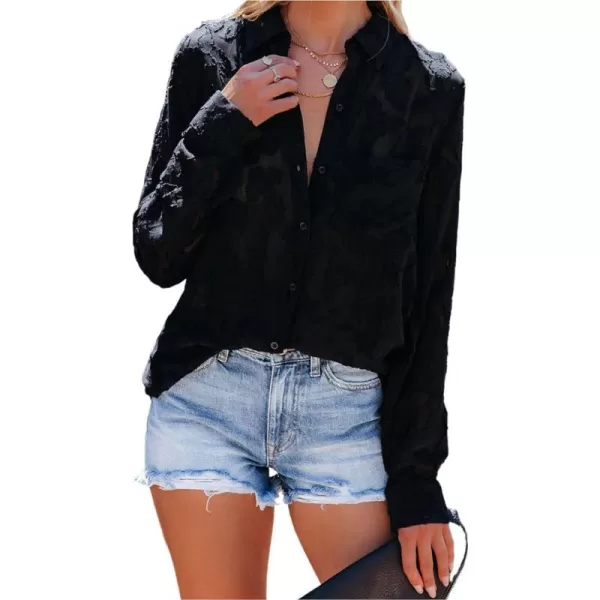 imagePRETTYGARDEN Womens Chiffon Blouse Solid Color Long Sleeve Button Down Elegant Jacquard Shirts TopsBlack