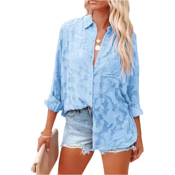 imagePRETTYGARDEN Womens Chiffon Blouse Solid Color Long Sleeve Button Down Elegant Jacquard Shirts TopsBlue
