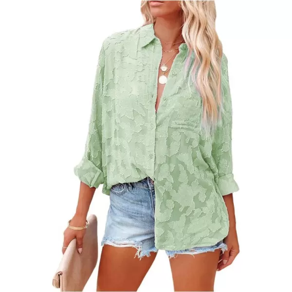 imagePRETTYGARDEN Womens Chiffon Blouse Solid Color Long Sleeve Button Down Elegant Jacquard Shirts TopsGreen