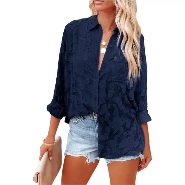 imagePRETTYGARDEN Womens Chiffon Blouse Solid Color Long Sleeve Button Down Elegant Jacquard Shirts TopsNavy
