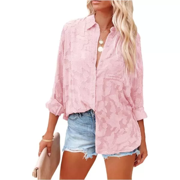 imagePRETTYGARDEN Womens Chiffon Blouse Solid Color Long Sleeve Button Down Elegant Jacquard Shirts TopsPink