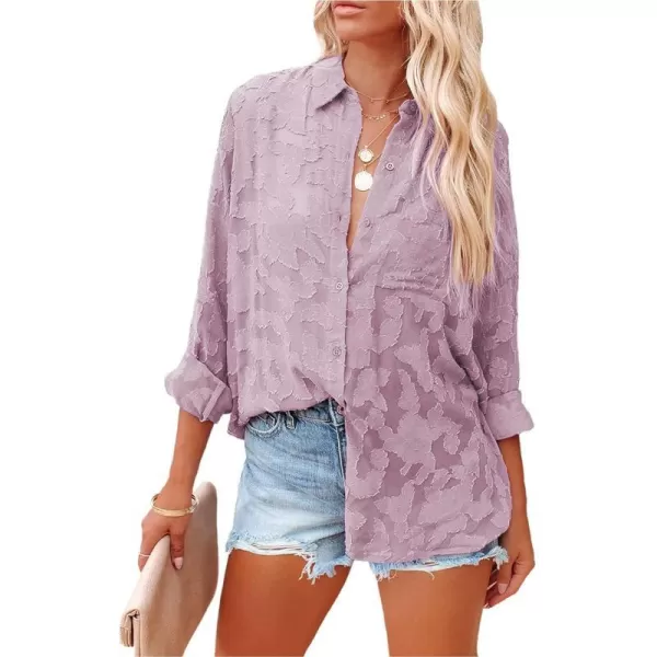imagePRETTYGARDEN Womens Chiffon Blouse Solid Color Long Sleeve Button Down Elegant Jacquard Shirts TopsPurple
