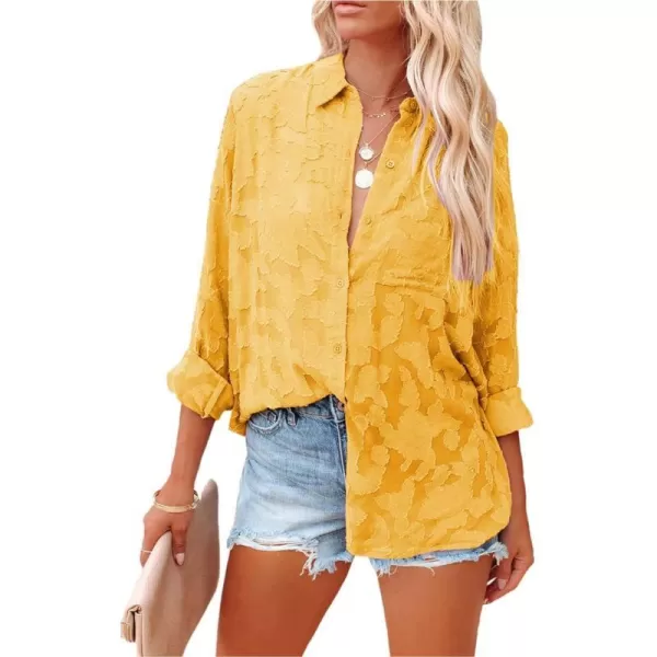 imagePRETTYGARDEN Womens Chiffon Blouse Solid Color Long Sleeve Button Down Elegant Jacquard Shirts TopsYellow