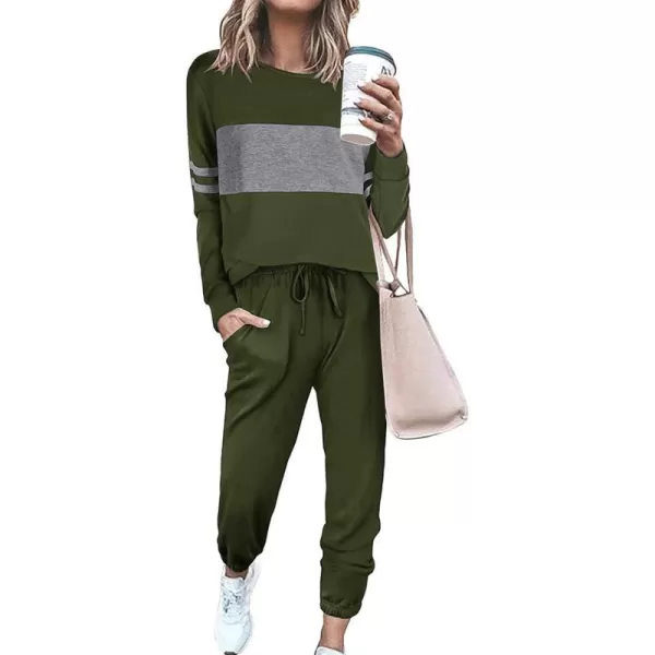 imagePRETTYGARDEN Womens Color Block 2 Piece Tracksuit Crewneck Long Sleeve Tops Long Sweatpants Outfits Lounge SetsArmy Green