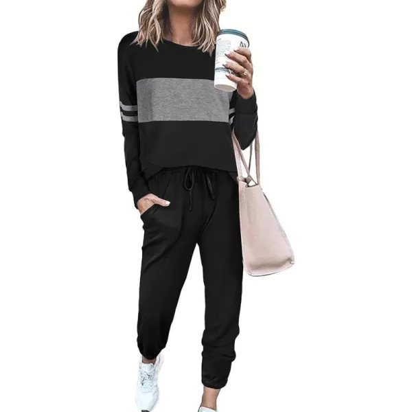 imagePRETTYGARDEN Womens Color Block 2 Piece Tracksuit Crewneck Long Sleeve Tops Long Sweatpants Outfits Lounge SetsBlack