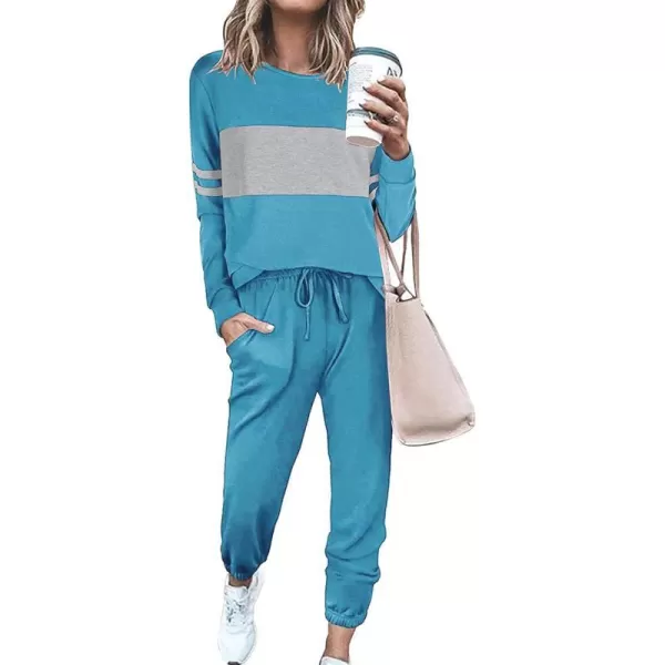 imagePRETTYGARDEN Womens Color Block 2 Piece Tracksuit Crewneck Long Sleeve Tops Long Sweatpants Outfits Lounge SetsBlue