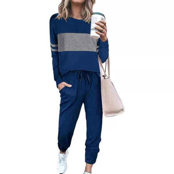 imagePRETTYGARDEN Womens Color Block 2 Piece Tracksuit Crewneck Long Sleeve Tops Long Sweatpants Outfits Lounge SetsBright Blue