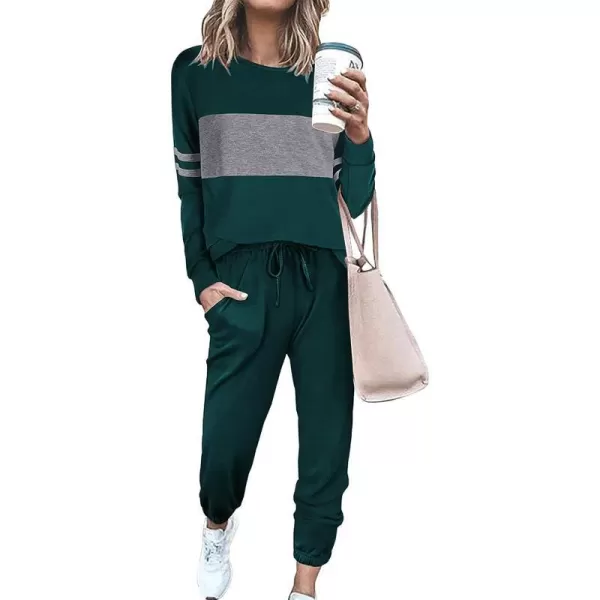 imagePRETTYGARDEN Womens Color Block 2 Piece Tracksuit Crewneck Long Sleeve Tops Long Sweatpants Outfits Lounge SetsDark Green