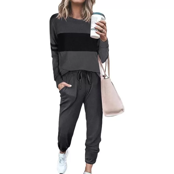 imagePRETTYGARDEN Womens Color Block 2 Piece Tracksuit Crewneck Long Sleeve Tops Long Sweatpants Outfits Lounge SetsDark Grey