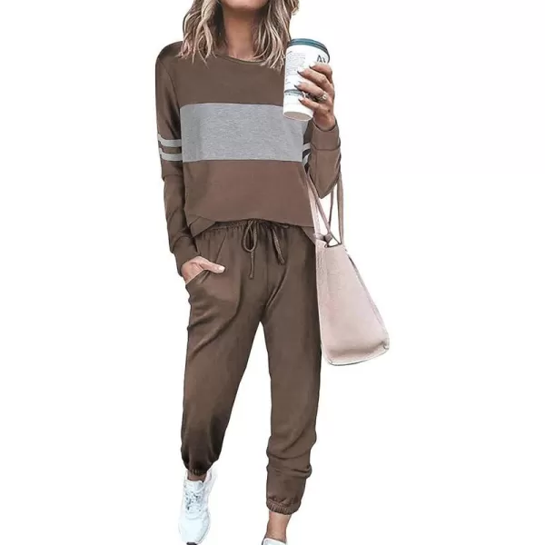 imagePRETTYGARDEN Womens Color Block 2 Piece Tracksuit Crewneck Long Sleeve Tops Long Sweatpants Outfits Lounge SetsDark Khaki