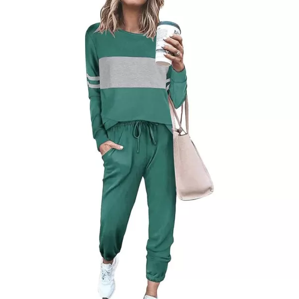 imagePRETTYGARDEN Womens Color Block 2 Piece Tracksuit Crewneck Long Sleeve Tops Long Sweatpants Outfits Lounge SetsFruit Green