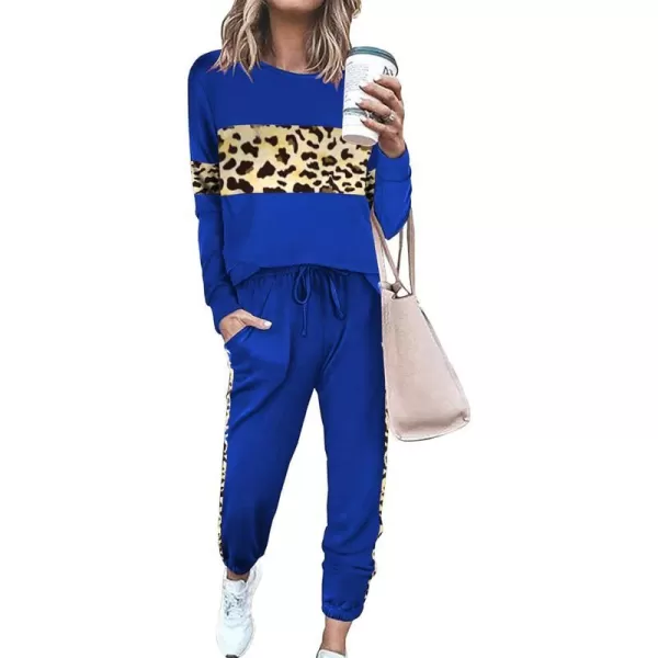 imagePRETTYGARDEN Womens Color Block 2 Piece Tracksuit Crewneck Long Sleeve Tops Long Sweatpants Outfits Lounge SetsLeopard Blue