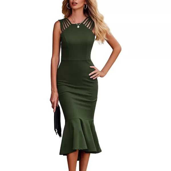 imagePRETTYGARDEN Womens Elegant Midi Bodycon Dress Sleeveless Backless Ruffle Hem Mermaid Formal Cocktail Wedding Guest DressesArmy Green