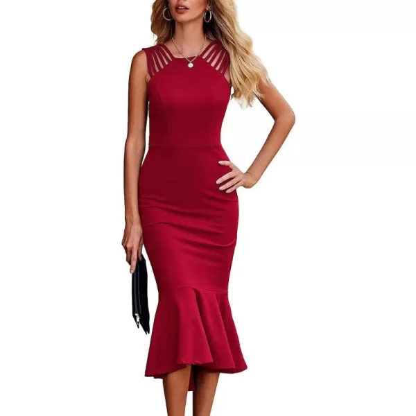 imagePRETTYGARDEN Womens Elegant Midi Bodycon Dress Sleeveless Backless Ruffle Hem Mermaid Formal Cocktail Wedding Guest DressesRed