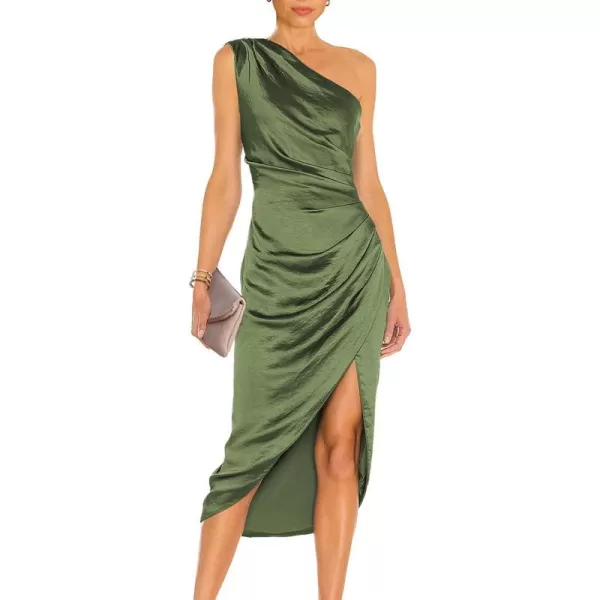 imagePRETTYGARDEN Womens Elegant Satin Midi Bodycon Dress 2023 Summer One Shoulder Ruched Wrap Cocktail Party DressesArmy Green