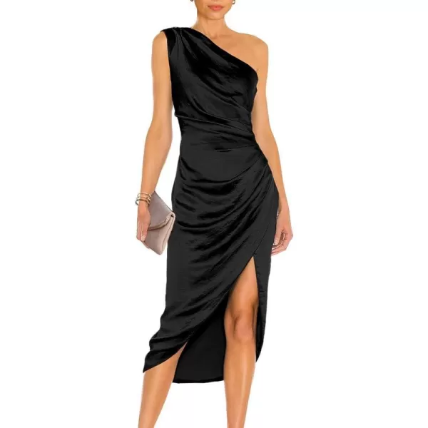 imagePRETTYGARDEN Womens Elegant Satin Midi Bodycon Dress 2023 Summer One Shoulder Ruched Wrap Cocktail Party DressesBlack