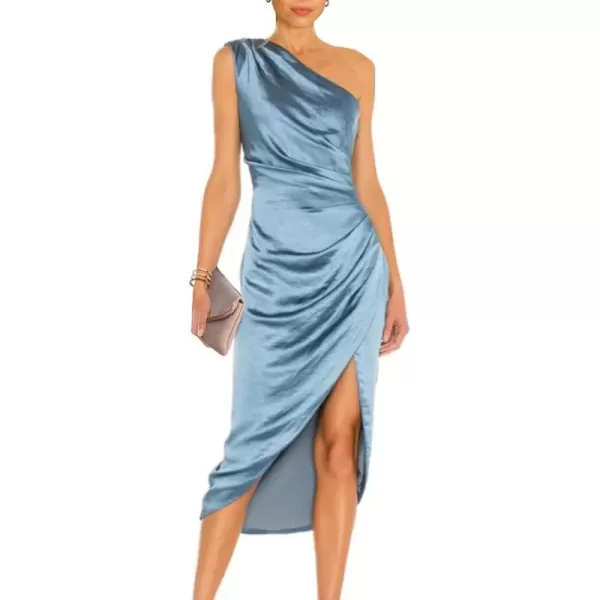 imagePRETTYGARDEN Womens Elegant Satin Midi Bodycon Dress 2023 Summer One Shoulder Ruched Wrap Cocktail Party DressesBlue