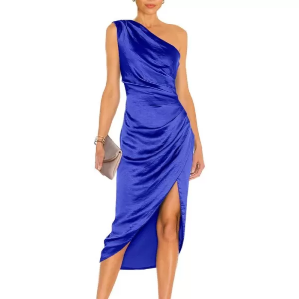imagePRETTYGARDEN Womens Elegant Satin Midi Bodycon Dress 2023 Summer One Shoulder Ruched Wrap Cocktail Party DressesBrilliant Blue