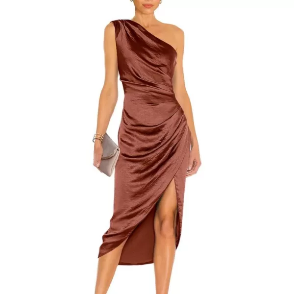 imagePRETTYGARDEN Womens Elegant Satin Midi Bodycon Dress 2023 Summer One Shoulder Ruched Wrap Cocktail Party DressesDark Brown
