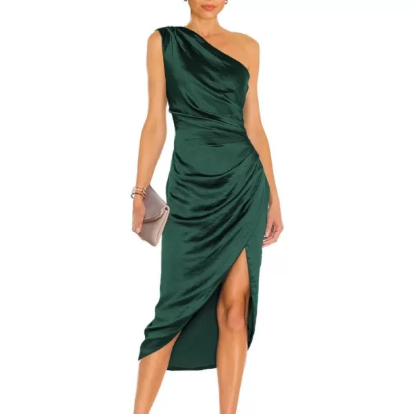 imagePRETTYGARDEN Womens Elegant Satin Midi Bodycon Dress 2023 Summer One Shoulder Ruched Wrap Cocktail Party DressesDark Green