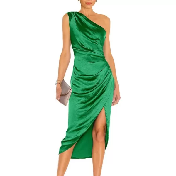 imagePRETTYGARDEN Womens Elegant Satin Midi Bodycon Dress 2023 Summer One Shoulder Ruched Wrap Cocktail Party DressesGreen