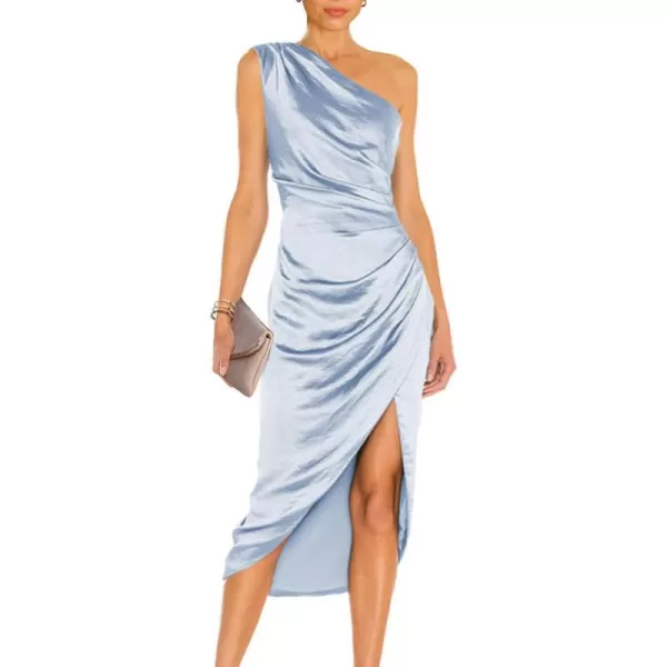 imagePRETTYGARDEN Womens Elegant Satin Midi Bodycon Dress 2023 Summer One Shoulder Ruched Wrap Cocktail Party DressesLight Blue
