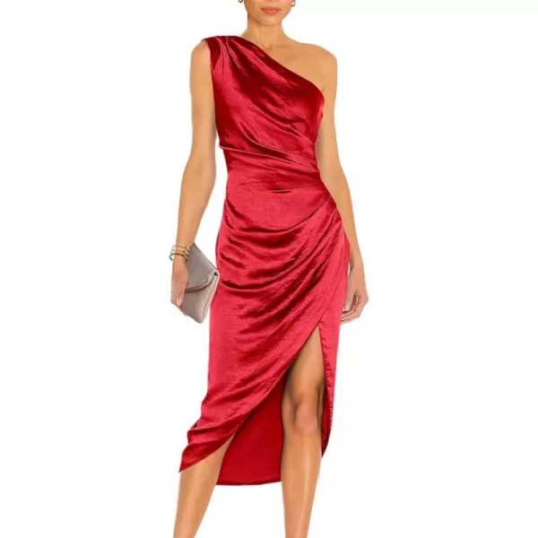 imagePRETTYGARDEN Womens Elegant Satin Midi Bodycon Dress 2023 Summer One Shoulder Ruched Wrap Cocktail Party DressesRed