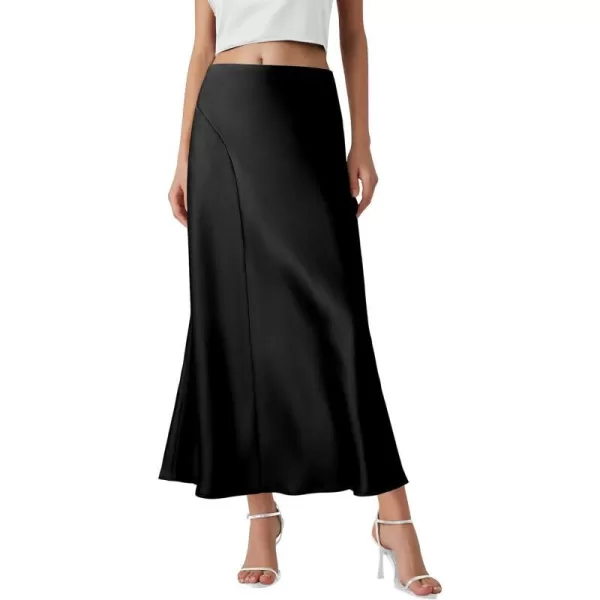 imagePRETTYGARDEN Womens Elegant Satin Skirt High Waist A Line Flowy Cocktail Party Flared Midi SkirtsBlack