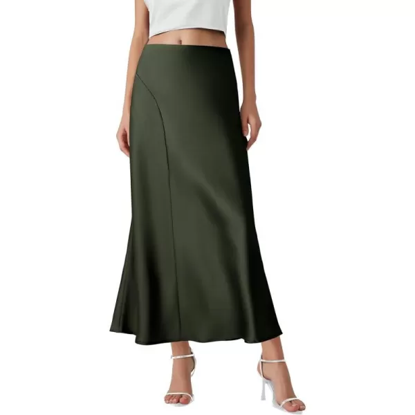 imagePRETTYGARDEN Womens Elegant Satin Skirt High Waist A Line Flowy Cocktail Party Flared Midi SkirtsDark Army Green