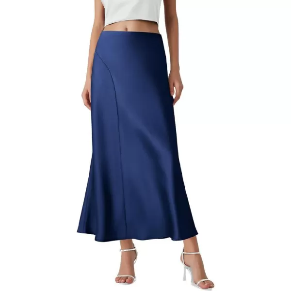 imagePRETTYGARDEN Womens Elegant Satin Skirt High Waist A Line Flowy Cocktail Party Flared Midi SkirtsNavy