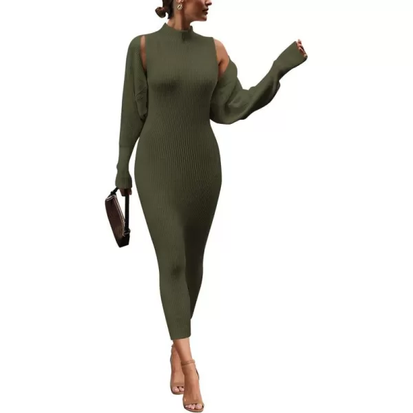 imagePRETTYGARDEN Womens Fall 2 Piece Outfits Bodycon Maxi Tank Pullover Sweater Dress And Long Sleeve Cropped Cardigan Knit SetsArmy Green