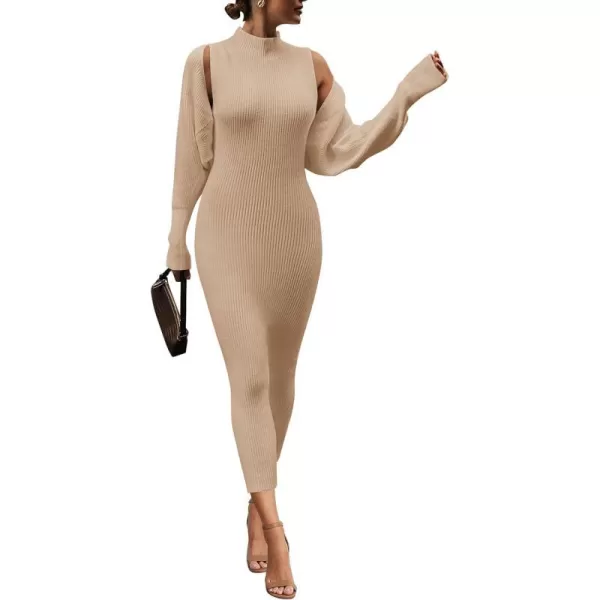 imagePRETTYGARDEN Womens Fall 2 Piece Outfits Bodycon Maxi Tank Pullover Sweater Dress And Long Sleeve Cropped Cardigan Knit SetsBeige