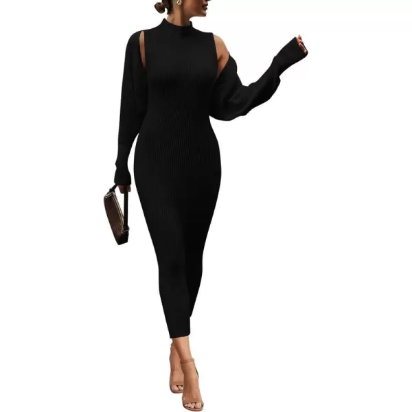 imagePRETTYGARDEN Womens Fall 2 Piece Outfits Bodycon Maxi Tank Pullover Sweater Dress And Long Sleeve Cropped Cardigan Knit SetsBlack
