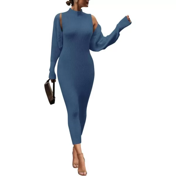 imagePRETTYGARDEN Womens Fall 2 Piece Outfits Bodycon Maxi Tank Pullover Sweater Dress And Long Sleeve Cropped Cardigan Knit SetsBlue
