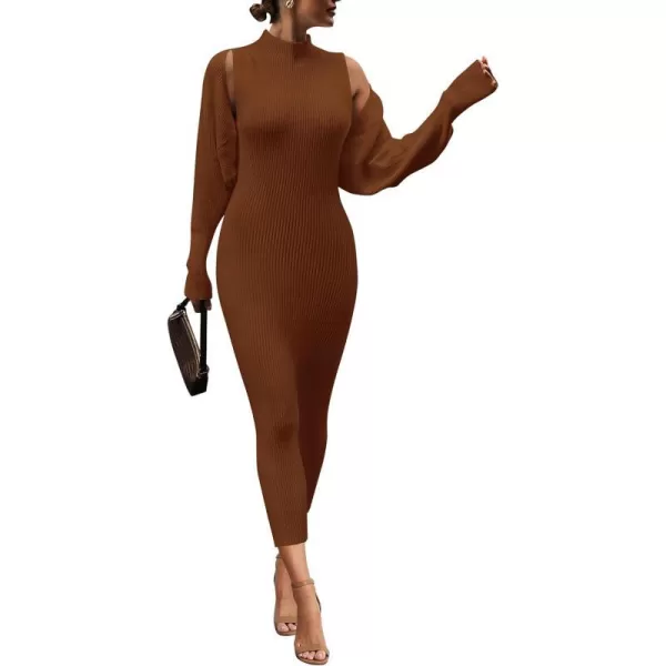 imagePRETTYGARDEN Womens Fall 2 Piece Outfits Bodycon Maxi Tank Pullover Sweater Dress And Long Sleeve Cropped Cardigan Knit SetsCaramel