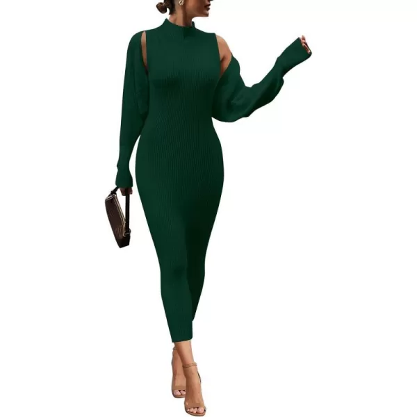 imagePRETTYGARDEN Womens Fall 2 Piece Outfits Bodycon Maxi Tank Pullover Sweater Dress And Long Sleeve Cropped Cardigan Knit SetsDark Green