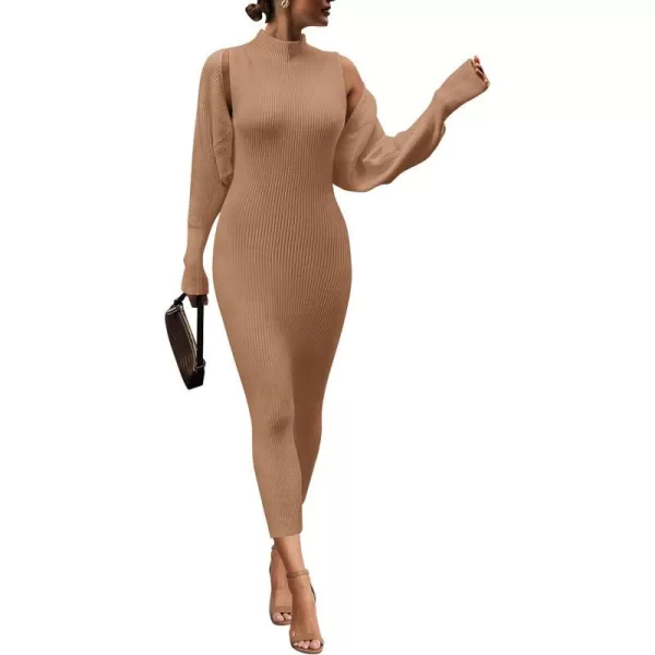 imagePRETTYGARDEN Womens Fall 2 Piece Outfits Bodycon Maxi Tank Pullover Sweater Dress And Long Sleeve Cropped Cardigan Knit SetsKhaki